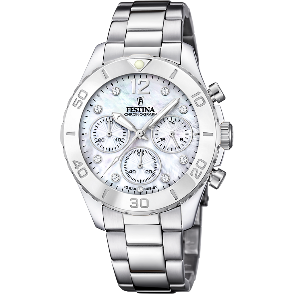 Festina Damenuhr F20603/1 Chronograph Edelstahl Silber Perlmutt Zifferblatt