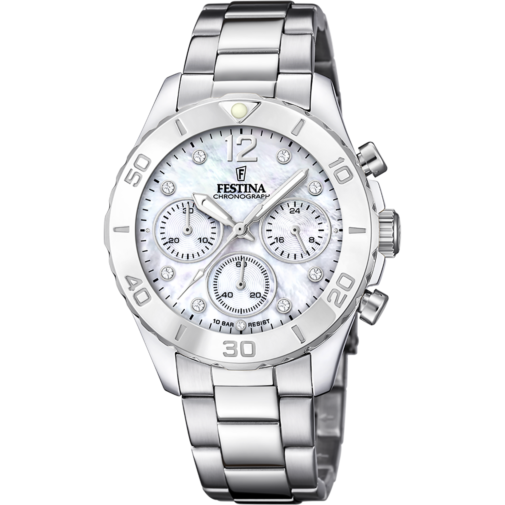 Festina Damenuhr F20603/1 Chronograph Edelstahl Silber Perlmutt Zifferblatt
