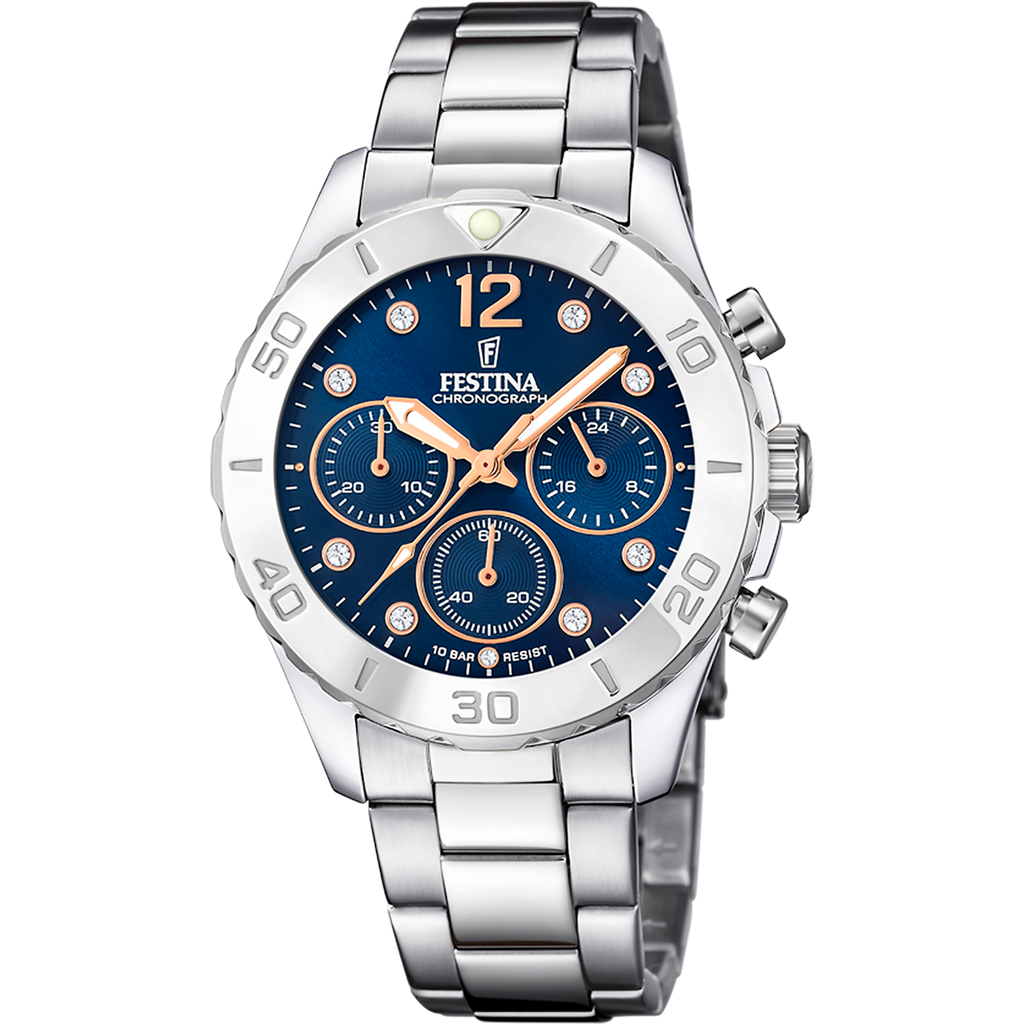 Festina Damenuhr F20603/3 Chronograph Edelstahl Silber Blau Roségold