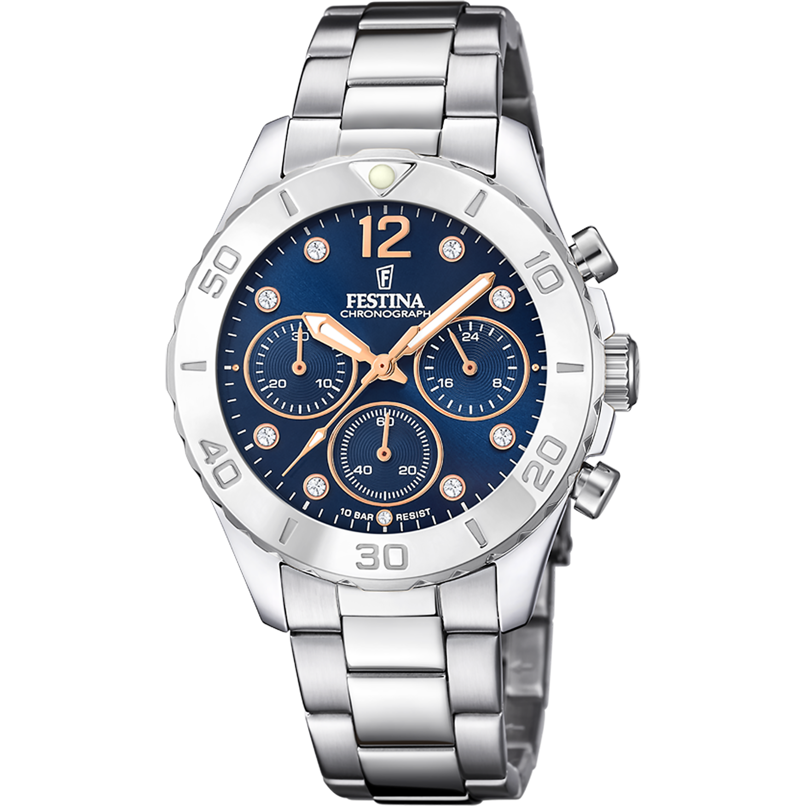 Festina Damenuhr F20603/3 Chronograph Edelstahl Silber Blau Roségold