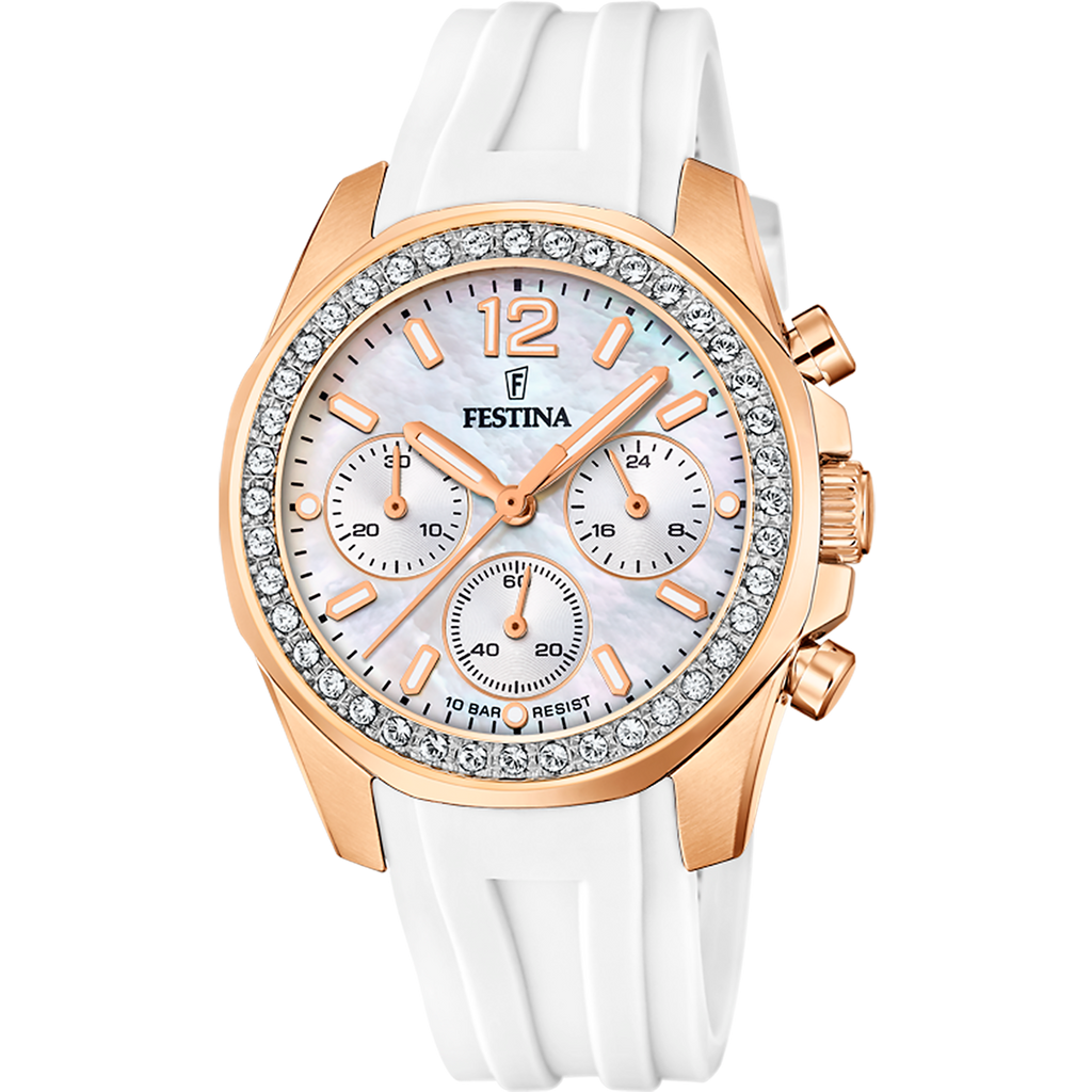 Festina Damenuhr F20611/1 Chronograph Roségold Weiß Perlmutt Silikonband