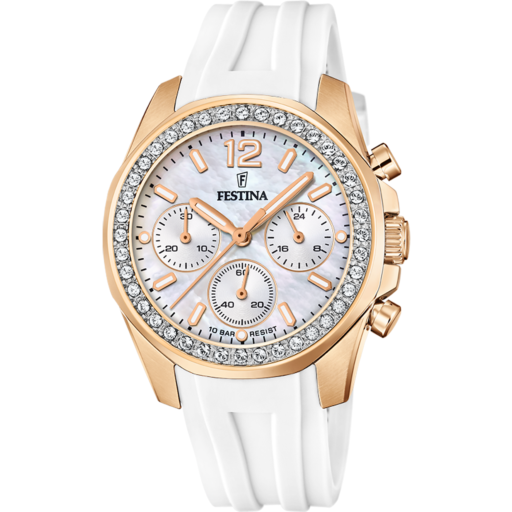 Festina Damenuhr F20611/1 Chronograph Roségold Weiß Perlmutt Silikonband
