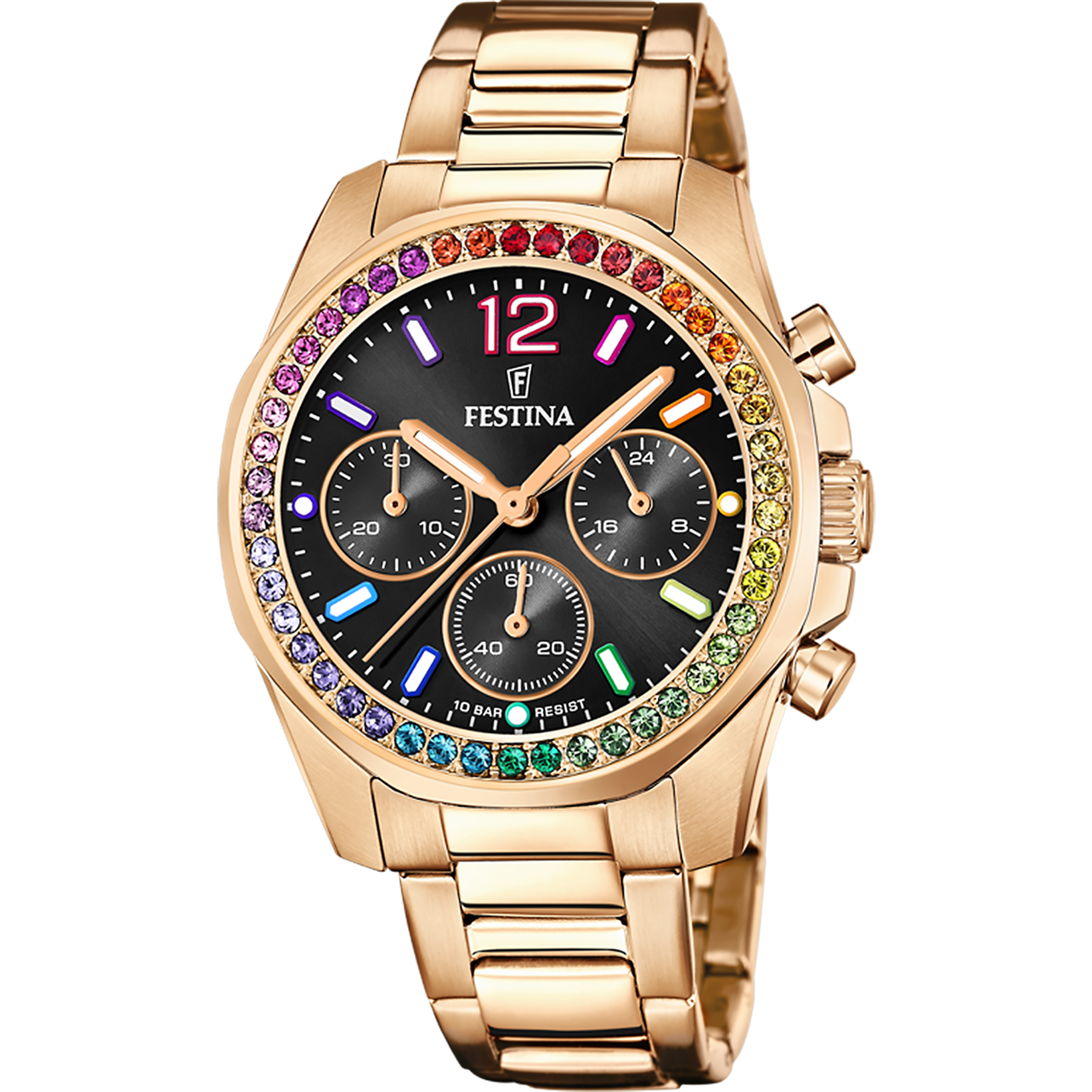 Festina Damenuhr F20639/3 Roségold Chronograph Edelstahl Rainbow Kristalle