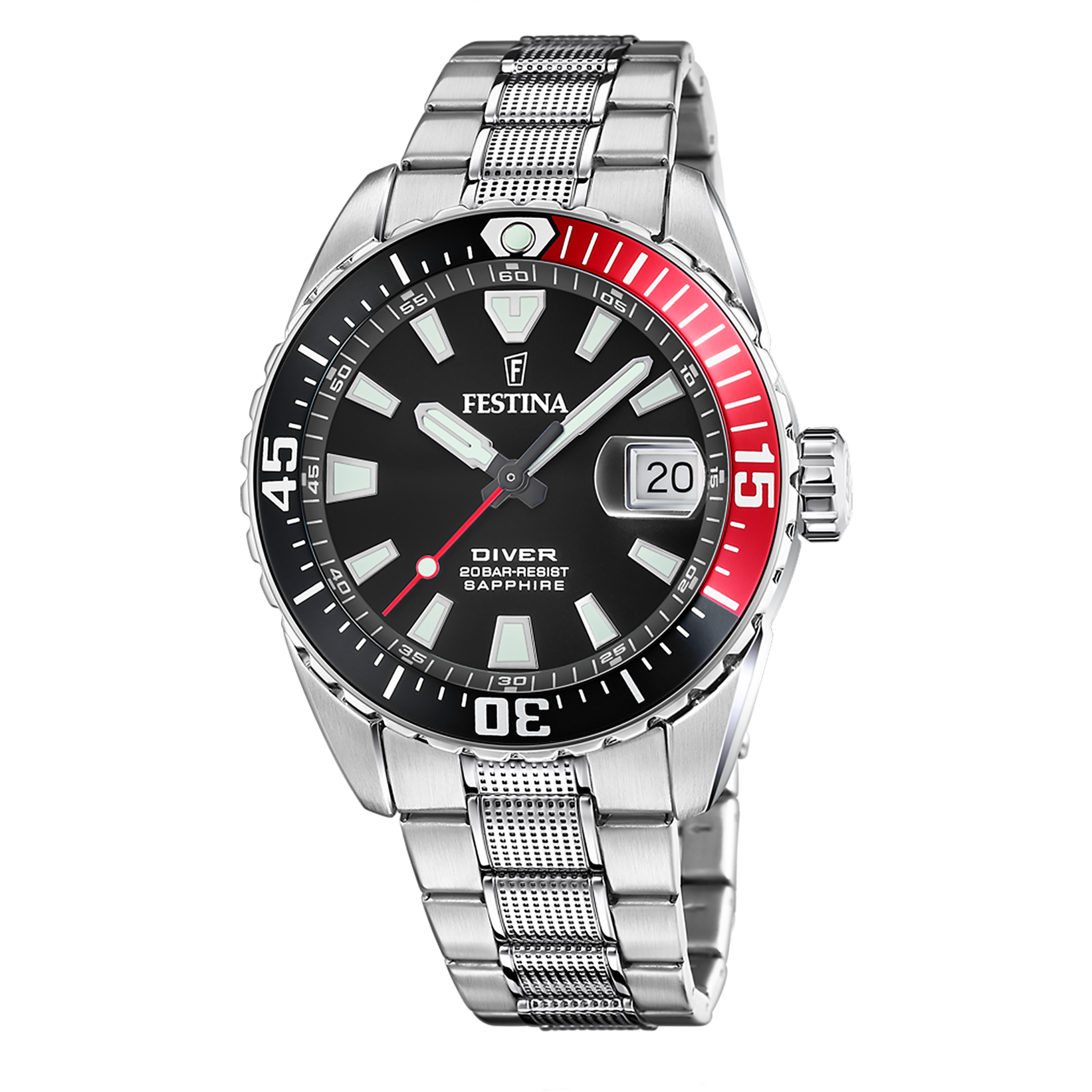 Festina Herrenuhr F20669/6 Diver Edelstahl Schwarz Rot Saphirglas 20 BAR