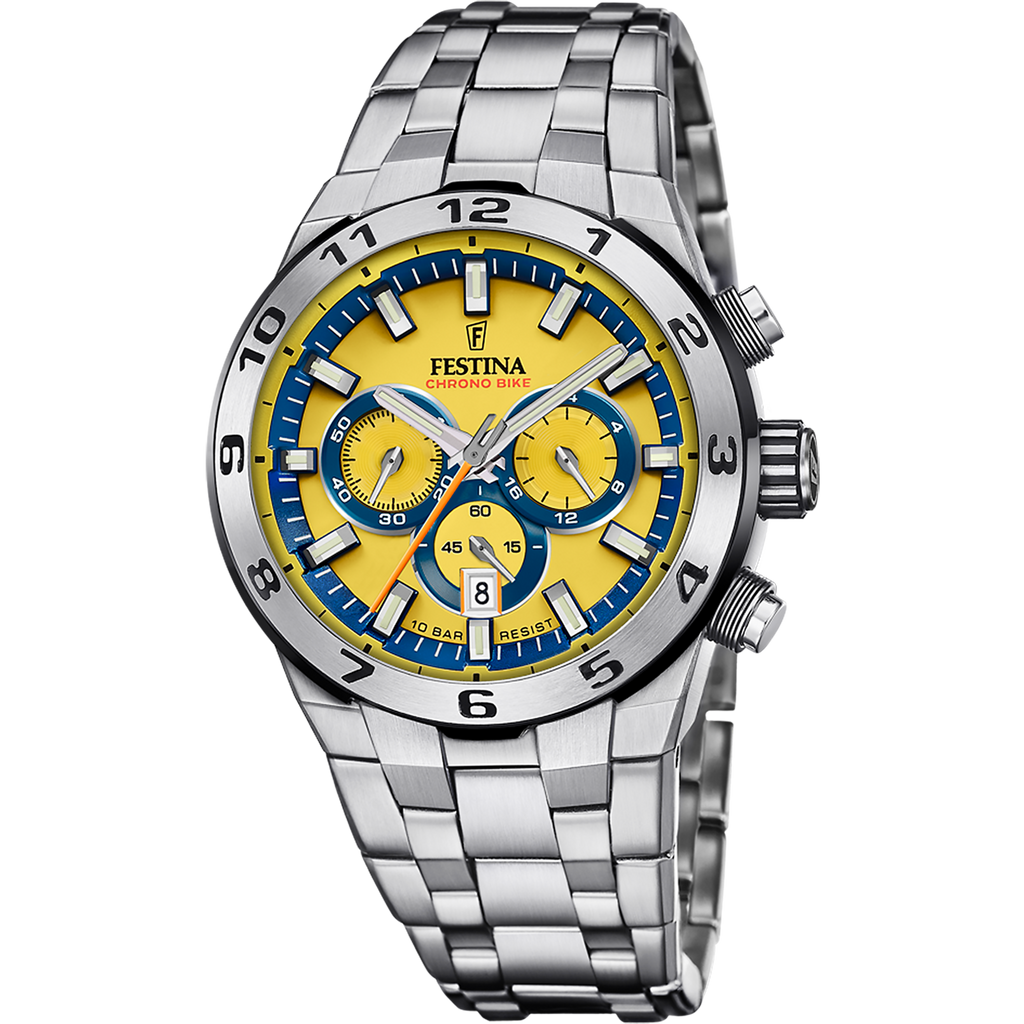 Festina Herrenuhr F20670/4 Chrono Bike Chronograph Edelstahl Gelb Blau