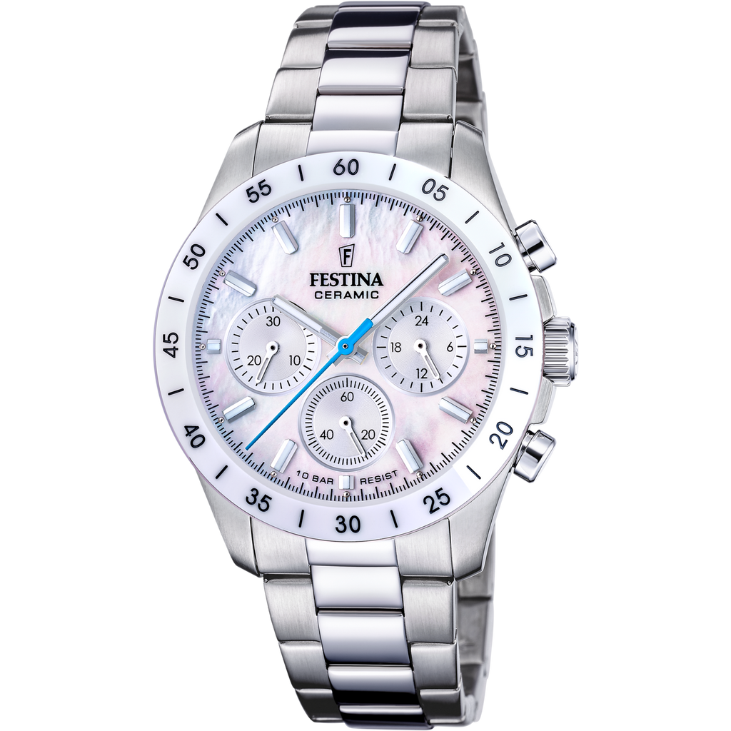 Festina Damenuhr F20693/1 Chronograph Edelstahl Keramik Perlmutt Weiß Blau