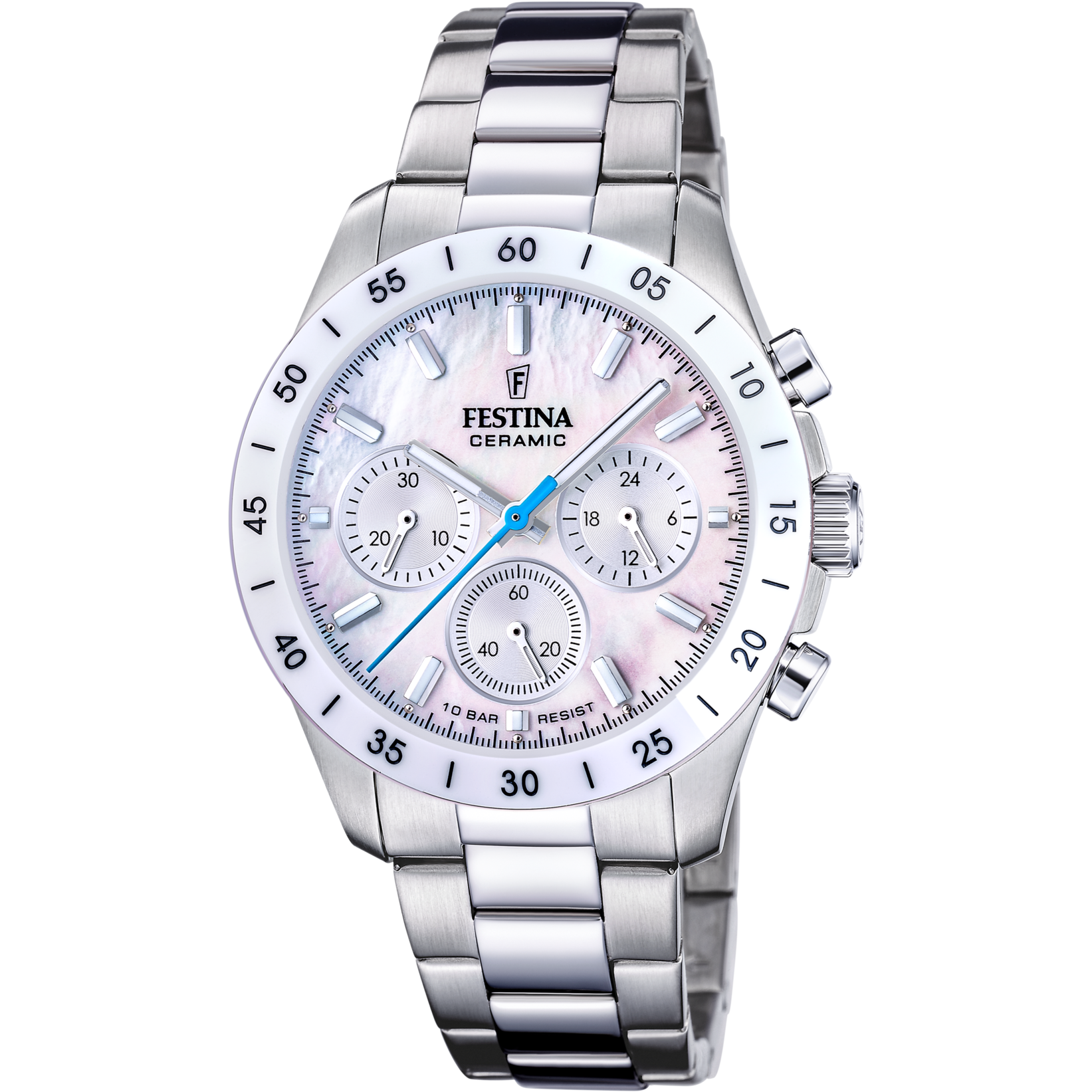 Festina Damenuhr F20693/1 Chronograph Edelstahl Keramik Perlmutt Weiß Blau