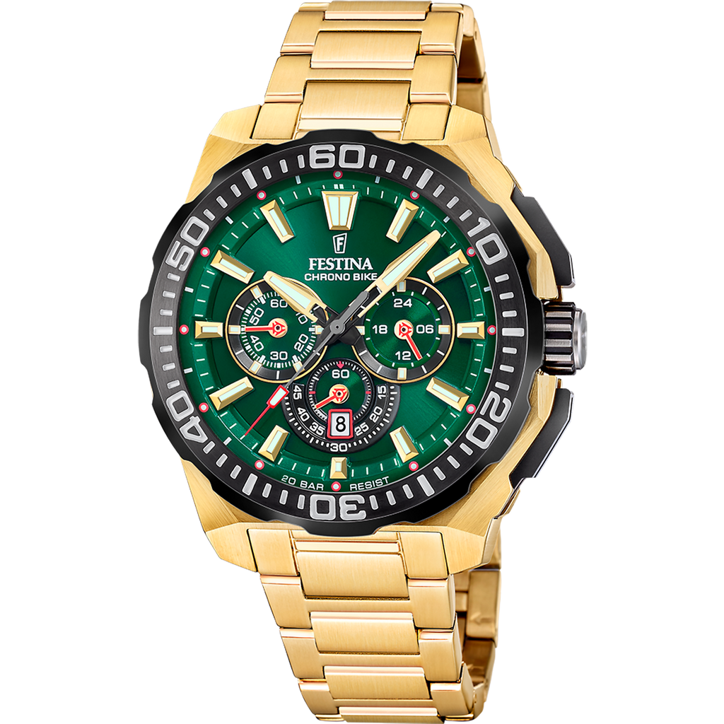 Festina Herrenuhr F20727/2 Chrono Bike Chronograph Edelstahl Gold Grün Schwarz