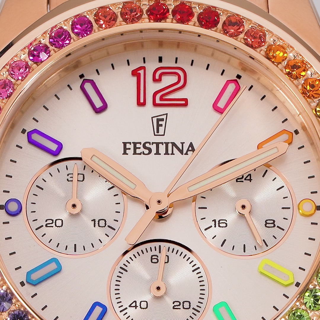 Festina Damenuhr F20639/3 Roségold Chronograph Edelstahl Rainbow Kristalle