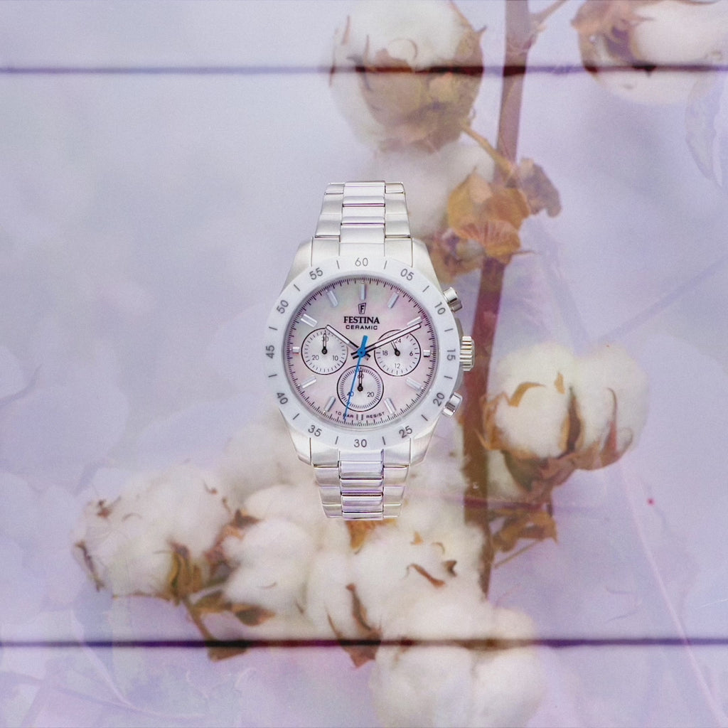 Festina Damenuhr F20693/1 Chronograph Edelstahl Keramik Perlmutt Weiß Blau