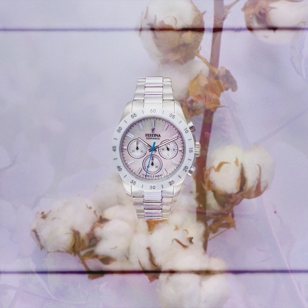 Festina Damenuhr F20693/1 Chronograph Edelstahl Keramik Perlmutt Weiß Blau